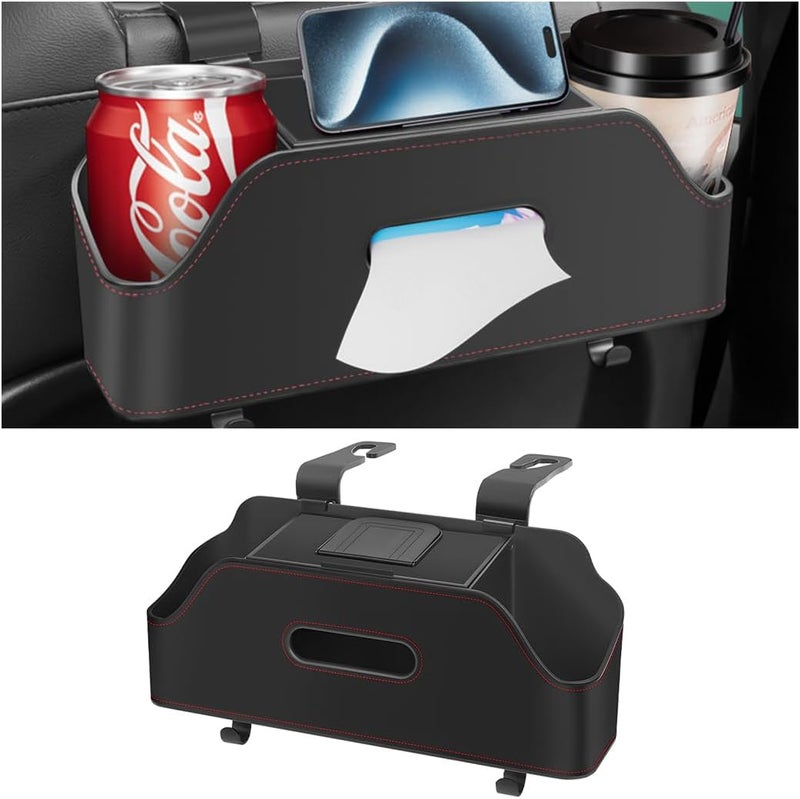zipelo Car Headrest Backseat Organizer with Cup Holder, Multi-Functional Vehicle Seat Back Hanging Storage Box with Hooks, Auto Drink Snack Phone Tray Travel Accessories for Kids Adults (Black) - Image 1